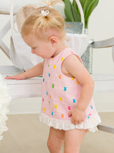 Load image into Gallery viewer, RuffleButts- Baby Girls Pink Bunny Stripe Cotton Gauze Swing Top &amp; Bloomer Set (3m-24m)
