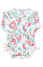 Load image into Gallery viewer, Ruffle Butts- Long Sleeve One Piece Rashguard (Flamingo, 6m-6Y)