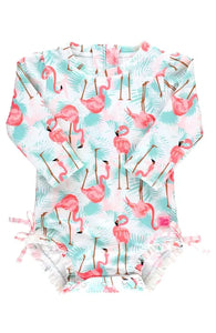 Ruffle Butts- Long Sleeve One Piece Rashguard (Flamingo, 6m-6Y)
