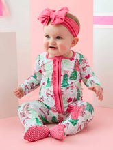 Load image into Gallery viewer, RuffleButts - SoftSnooze™ Baby Girls Bamboo Viscose Pink Snowman Grove Footed Ruffle One Piece Pajama (3m-24m)