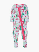 Load image into Gallery viewer, RuffleButts - SoftSnooze™ Baby Girls Bamboo Viscose Pink Snowman Grove Footed Ruffle One Piece Pajama (3m-24m)