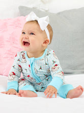 Load image into Gallery viewer, RuffleButts - SoftSnooze™ Baby Bamboo Viscose Blue Dear Santa Convertible One Piece Footie Pajama (NB-24M)
