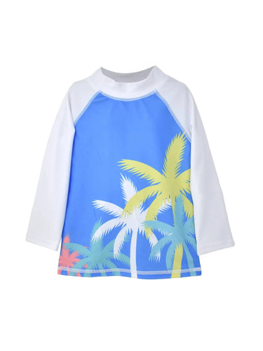 Flap Happy- UPF 50 Graphic Rashguard (Palm Paradise Blue, 6m-24m)