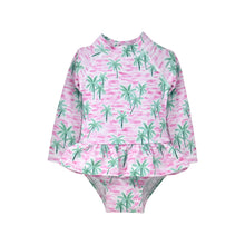 Load image into Gallery viewer, Flap Happy- UPF 50 Alissa Infant Ruffle Rash Guard Swimsuit- Artsy Palms Pink (3m-24m)