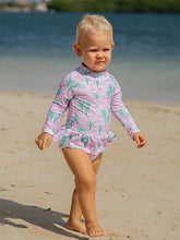 Load image into Gallery viewer, Flap Happy- UPF 50 Alissa Infant Ruffle Rash Guard Swimsuit- Artsy Palms Pink (3m-24m)