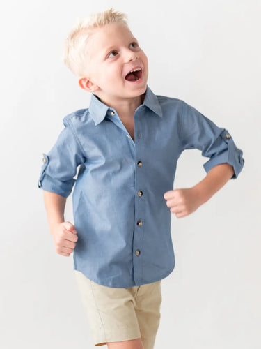 RuggedButts- Long Sleeve Button Down Shirt- Blue Chambray (2T-8)