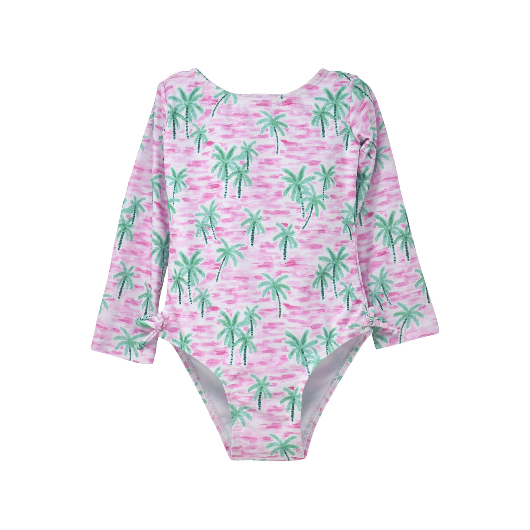 Flap Happy- UPF 50 Charlie L/S Rash Guard Swimsuit- Artsy Palms Pink (2-7)