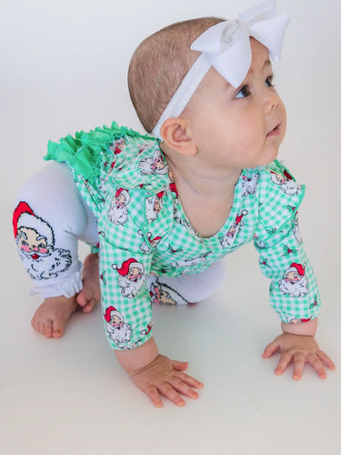 Rufflebutts- Baby Girls Green Dear Santa Knit Long Sleeve Flutter Bubble Romper (0-2T)