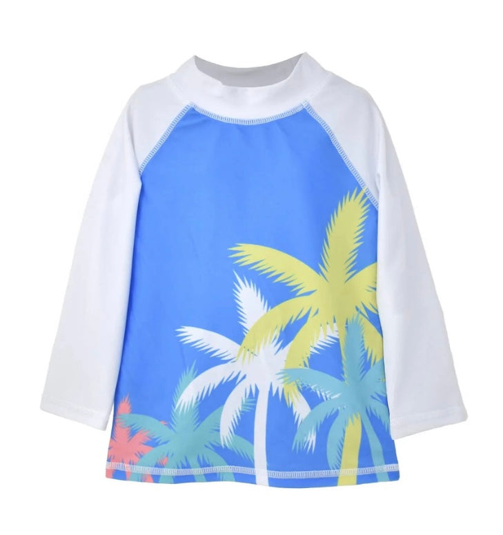 Flap Happy- UPF 50 Graphic Rashguard (Palm Paradise Blue, 6m-24m)