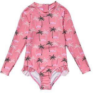 Snapper Rock- Palm Paradise Sustainable L/S One Piece Swim Suit (Pink 8-14)