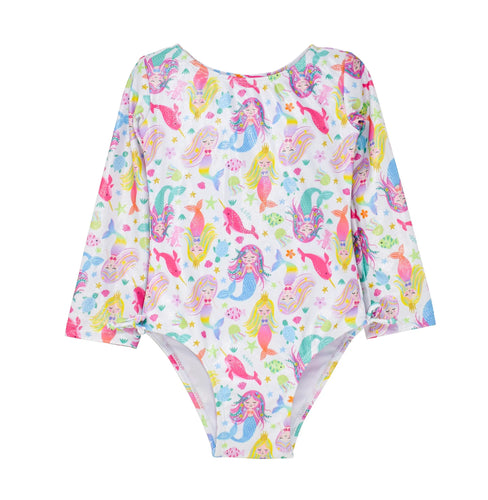 Flap Happy- UPF 50 Charlie Rash Guard Swimsuit (Mermaid Friends, 2T-6)