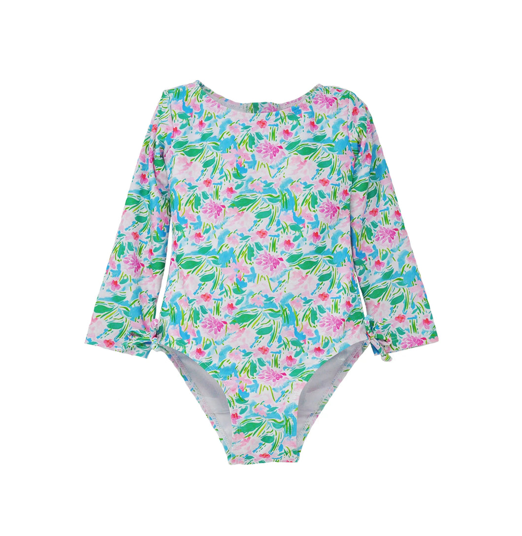 Flap Happy- UPF 50 Charlie Rash Guard Swimsuit (Lotus & Lillies, 2T-6)