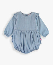 Load image into Gallery viewer, RuffleButts - Light Wash Long Sleeve Flutter Bubble Romper