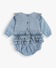 Load image into Gallery viewer, RuffleButts - Light Wash Long Sleeve Flutter Bubble Romper