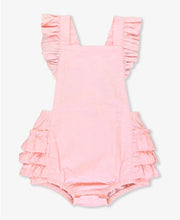 Load image into Gallery viewer, RuffleButts - Pink Embroidered Vintage Dot Flutter Overall Romper