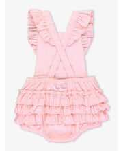 Load image into Gallery viewer, RuffleButts - Pink Embroidered Vintage Dot Flutter Overall Romper