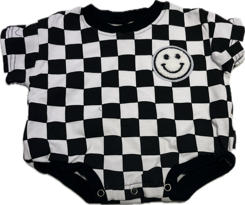 Lucky Panda Kids Short Sleeve Bubble Romper/ Checkered Smiley Black (0-24M)