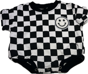 Lucky Panda Kids Short Sleeve Bubble Romper/ Checkered Smiley Black (0-24M)