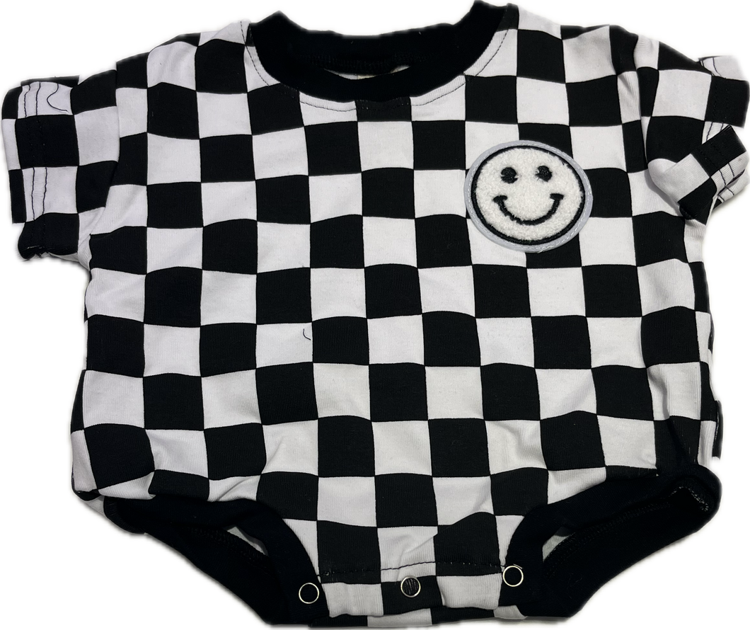 Lucky Panda Kids Short Sleeve Bubble Romper/ Checkered Smiley Black (0-24M)