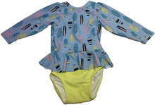 Load image into Gallery viewer, Tiderwater Tots- Skirted Sun Shirt and Bottom Set (Surfs Up)