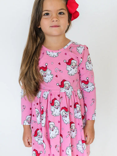 Rufflebutts- Girls Pink Santa Joy Knit Long Sleeve Twirl Dress (2T-8)