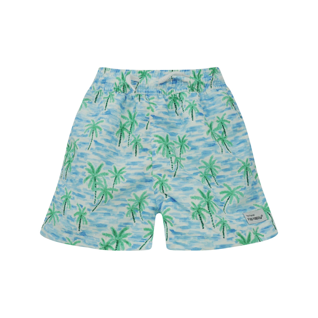Flap Happy- UPF 50+ Wesley Swim Trunks w/ Mesh Liner- Painted Palms Blue (6m-7)