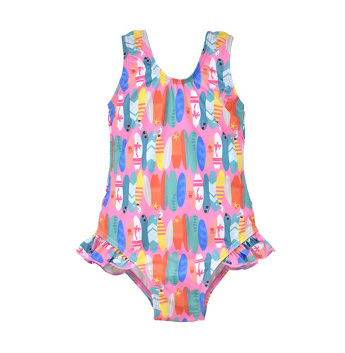 Flap Happy- UPF 50 Hip Ruffle Swimsuit (Pink Beach Boards, 2-8y)