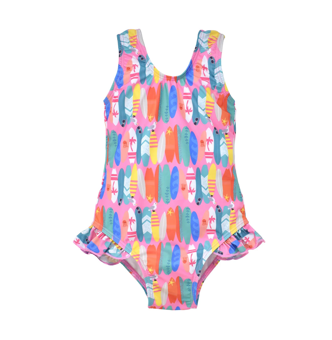 Flap Happy- UPF 50 Hip Ruffle Swimsuit (Pink Beach Boards, 12m-6y)