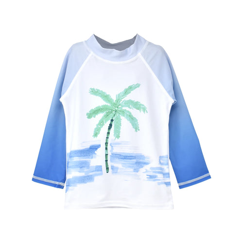Flap Happy- UPF 50+ Graphic Rash Guard Swim Top- Painted Palms Blue (6m-24m)