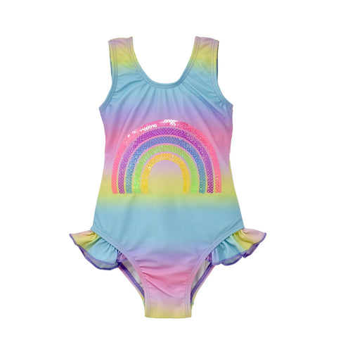 Flap Happy- UPF 50 Sequin Ruffle Swimsuit (Sequin Rainbow, 12m-24m)