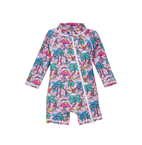 Flap Happy- UPF50 Shortie Surf Suit (Island Doodles, 3m-2T)