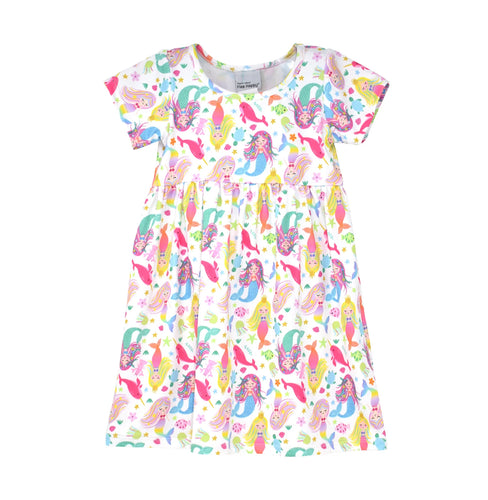 Flap Happy- UPF 50 Laya Short Sleeve Dress (Mermaid Friends, 2T-6)