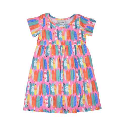 Flap Happy- UPF 50 Short Sleeve Dress (Pink Beach Boards, 7-14)