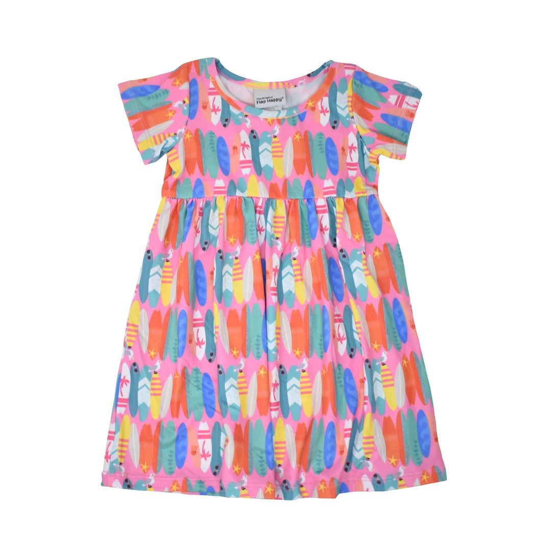 Flap Happy- UPF 50 Short Sleeve Dress (Pink Beach Boards, 7-14)