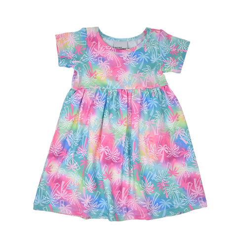 Flap Happy- UPF 50 Short Sleeve Dress (Pink Tropical Palms, 7-14)