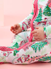 Load image into Gallery viewer, RuffleButts - SoftSnooze™ Baby Girls Bamboo Viscose Pink Snowman Grove Footed Ruffle One Piece Pajama (3m-24m)