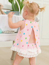 Load image into Gallery viewer, RuffleButts- Baby Girls Pink Bunny Stripe Cotton Gauze Swing Top &amp; Bloomer Set (3m-24m)