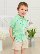 Load image into Gallery viewer, RuggedButts- Boys Green Bunny Stripe Cotton Gauze Short Sleeve Button Down Shirt (2T-6)