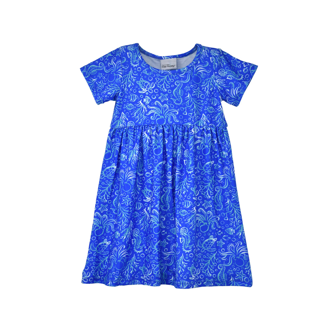 Flap Happy- UPF 50+ Laya Short Sleeve Tee Dress- Calypso Sea (2-6)