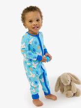 Load image into Gallery viewer, SoftSnooze™ Baby Bamboo Viscose Blue Bow Tie Bunnies Convertible One Piece Footie Pajama (3m-24m)