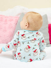 Load image into Gallery viewer, RuffleButts - SoftSnooze™ Baby Bamboo Viscose Blue Dear Santa Convertible One Piece Footie Pajama (NB-24M)