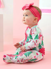 Load image into Gallery viewer, RuffleButts - SoftSnooze™ Baby Girls Bamboo Viscose Pink Snowman Grove Footed Ruffle One Piece Pajama (3m-24m)