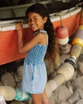 Load image into Gallery viewer, Feather 4 Arrow- Brunch Club Romper: Washed Indigo (2Y-11Y)
