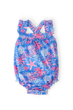 Load image into Gallery viewer, Mila &amp; Rose- Ruffle Cross Back Romper: Coral Cove (3m-24m)