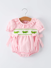 Load image into Gallery viewer, Rylee Faith Designs-Baby Girls Summer Crocodile Embroidered Smocked Romper (3m-18m)