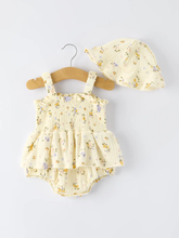 Load image into Gallery viewer, Rylee Faith Designs- Muslin Floral Smocked Baby Romper with Matching Hat (6m-18m)