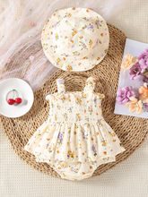 Load image into Gallery viewer, Rylee Faith Designs- Muslin Floral Smocked Baby Romper with Matching Hat (6m-18m)