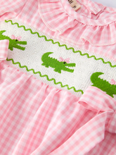 Load image into Gallery viewer, Rylee Faith Designs-Baby Girls Summer Crocodile Embroidered Smocked Romper (3m-18m)