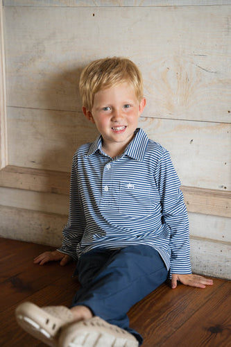 Saltwater Boys- Inshore Performance Stripe L/S Polo- Navy Stripe (2-16)