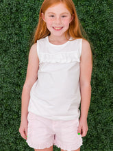 Load image into Gallery viewer, RuffleButts - Girls White Knit Ruffle Trim Tank (3m-24m)